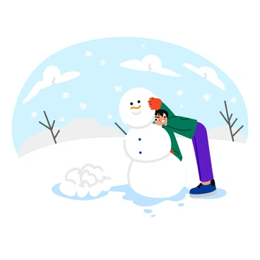 A stickman with a simple round head and straight limbs is bending down to stack a large snowball on top of another, forming the body of a snowman. The stickman has drawn circles for eyes and a smile on his face. Snowflakes are gently falling from the sky, covering the ground in a thick layer of white snow. In the background, there are fluffy white snowdrifts and a few leafless trees. The stickman is surrounded by small snowballs that he has rolled, ready to complete the snowman.