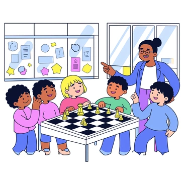 A bright classroom filled with colorful educational posters on the walls. Several children are gathered around a large chessboard, focused on their pieces. The chessboard is made of alternating black and white squares, with wooden pieces in various positions. A teacher stands next to them, pointing at the board and explaining a strategy. The teacher has a friendly expression and wears glasses. Sunlight streams in through large windows, illuminating the engaged faces of the children, who are a mix of boys and girls, each displaying curiosity and excitement.