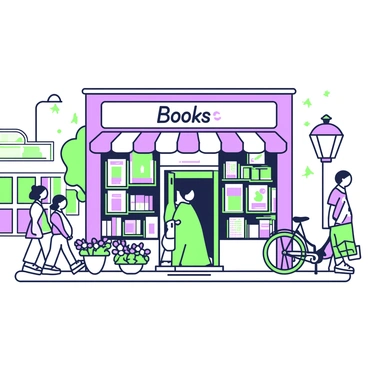 A charming bookshop is situated on a bustling city street, surrounded by various other storefronts. The bookshop has large glass windows showcasing colorful book displays, featuring bestsellers and unique book covers. The entrance of the shop is adorned with a welcoming sign that reads "Books" in stylized lettering. People are walking by, some stopping to glance at the displays, while others are engaged in conversation. A vintage bicycle leans against the shop's exterior, adding to the quaint atmosphere. Brightly colored flower pots filled with vibrant blooms are placed at the entrance, enhancing the inviting scene.