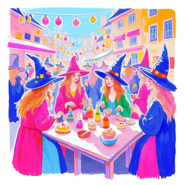 A lively festival takes place in a vibrant outdoor setting filled with witches wearing colorful robes of red, green, blue, and purple. Each witch has unique accessories, such as pointed hats adorned with stars and moons. They are gathered in groups, laughing and chatting as they celebrate the occasion. Festive decorations hang overhead, including strings of bright lanterns and colorful banners that flutter in the breeze. Tables are set with an array of treats, such as cupcakes and potions in glass bottles. The atmosphere is filled with joy and excitement, showcasing the spirit of the celebration.