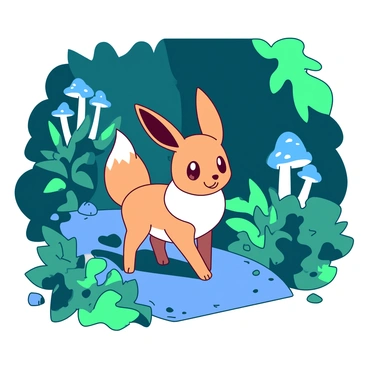 An orange Eevee is walking along a narrow hidden path surrounded by lush green foliage. The atmosphere is illuminated by clusters of rare glowing mushrooms, casting a soft blue light that highlights the details of Eevee's fur. The path is lined with vibrant plants and small rocks, adding texture to the scene. The Eevee's ears are perked up, indicating curiosity as it explores this enchanting environment. The mushrooms vary in size and shape, creating an intriguing visual contrast to the Eevee.