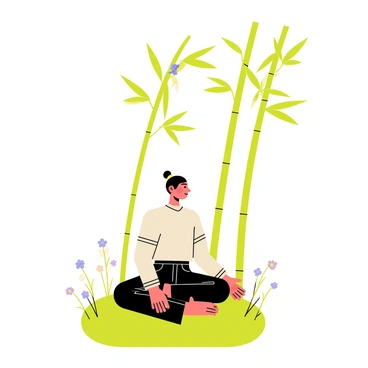 A person sitting cross-legged on a soft green carpet of grass, meditating under a tall canopy of bamboo. The bamboo stalks are slender and tall, with lush green leaves swaying gently in a light breeze above. The person has closed eyes and a serene expression, wearing comfortable, loose-fitting clothing in earthy tones. Delicate wildflowers in shades of purple and yellow dot the grassy area around them, and small birds can be seen perched on the bamboo branches, creating a tranquil atmosphere in this natural setting.