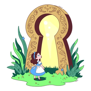 A tiny Alice is standing on a patch of green grass, looking up in wonder at a giant keyhole made from ornate brass. The massive keyhole towers above her, intricately designed with swirling patterns and small floral embellishments. Sunlight filters through the keyhole, casting a warm yellow glow around Alice, who has bright blue eyes wide with curiosity. She is wearing a classic blue dress with white trim, and her dark hair falls in soft waves. Surrounding the keyhole, towering plants with vibrant green leaves create a sense of depth and enchantment in the scene.