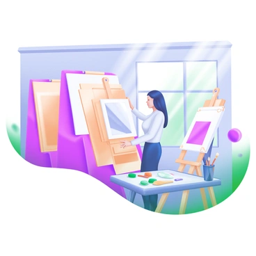 An artist is standing in a bright, airy studio filled with various sizes of "illustration boards" stacked against the walls and propped up on the floor. The artist is holding a large illustration board in one hand, displaying it towards the viewer. The other hand is resting on a smaller illustration board set on an easel. The studio has splashes of pastel colors throughout, including a palette of paints on a nearby table, and brushes in a holder. Natural light streams in through a window, illuminating the scene.