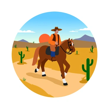 A lone cowboy wearing a wide-brimmed hat rides a brown horse along a dusty desert trail. The cowboy is dressed in a traditional western outfit, featuring a leather vest and chaps. The sun sets in the background, casting a warm orange glow over the landscape. Cacti and sparse vegetation line the sides of the trail, and a few distant mountains are visible under the clear blue sky. Dust kicks up around the horse's hooves as it trots steadily forward.