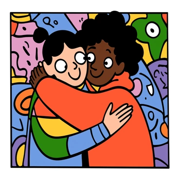 Close-up of a light-skinned street artist with big eyes and short dark hair wearing a multicolored shirt, and a dark-skinned fan with big eyes and curly hair wearing a red hoodie. They are embracing each other tightly with smiles on their faces, showing a connection of admiration and warmth. In the background, there is a vibrant mural filled with bold colors and dynamic designs, enhancing the emotional atmosphere of the scene.