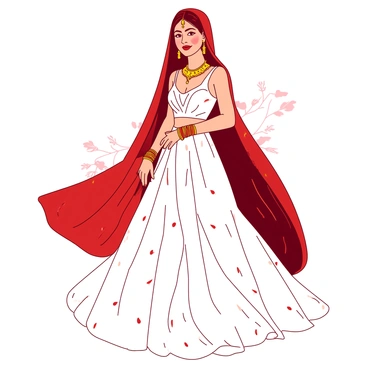 An Indian bride is wearing a flowing white contemporary bridal gown adorned with intricate patterns and embellishments. She has a vibrant red dupatta elegantly draped over her head, cascading down her back. The bride is adorned with traditional gold jewelry accents, including a beautifully crafted necklace, elaborate earrings, and a maang tikka resting on her forehead. Her makeup is flawless, with bold red lips and smoky eyes that enhance her features. The background features a soft, blurred setting that highlights the bride's elegance and grace.