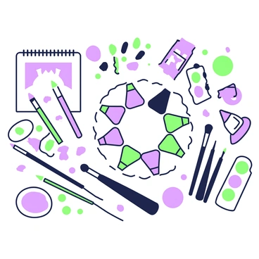 A flatlay arrangement showcases various art materials carefully organized on a surface. In the center, there are several paint tubes arranged in a circular formation, with their caps off to reveal the vibrant paint colors. Surrounding the paint tubes, there are multiple paintbrushes of varying sizes, some with pointed tips and others with flat tips, positioned artistically. Scattered among the brushes are colored pencils arranged in a fan shape, displaying their sharpened tips. In one corner, a sketchpad sits open, revealing a partially completed drawing. Along the edges of the flatlay, there are small palettes dotted with remnants of dried paint, adding texture to the composition.