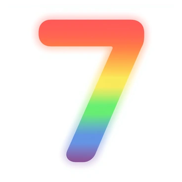 The number "seven" is prominently displayed in the center of the image. It is painted in vibrant rainbow colors, showcasing a spectrum of hues from red to violet. The background is a smooth, clean white, enhancing the brightness of the colors. The edges of the number are slightly blurred to create a soft transition between the colors, giving it a vivid, eye-catching appearance.