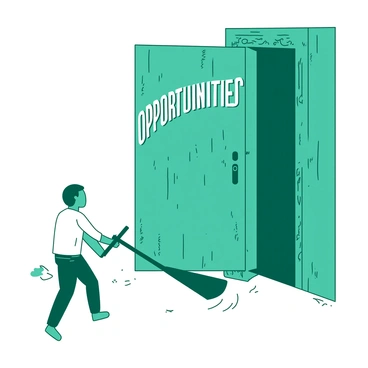 A person using a lever to open a large door labeled 'Opportunities'