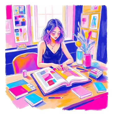 Anjelica is seated at a large wooden table, flipping through a fashion book filled with vibrant images. She has shoulder-length straight hair and is wearing a stylish black top. The table is scattered with various colorful fabric swatches in rich hues, showcasing textures and patterns. Surrounding her are inspiration boards pinned with magazine clippings, sketches, and photographs of fashion designs. The atmosphere is filled with creativity and a sense of artistic exploration.