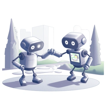 Two friendly robots are interacting joyfully in a futuristic urban park. The first robot has a rounded body with expressive digital eyes, and it is extending one mechanical arm towards the second robot, inviting it to join in the game. The second robot has a more angular design, with a bright screen displaying playful animations. In the background, there are sleek architecture and greenery, with stylized trees and futuristic structures that suggest a vibrant city environment. The ground is dotted with various interactive play areas that emphasize the theme of playfulness in this modern setting.