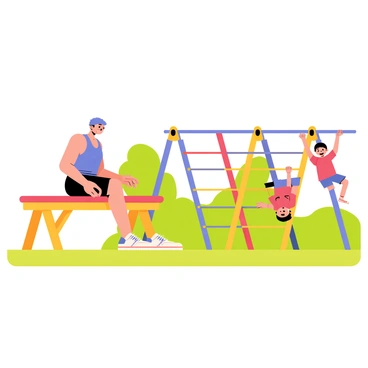 A parent with a strong build performing dips on a wooden exercise bench. The parent is wearing a blue tank top and black athletic shorts. Nearby, a child is playing on colorful monkey bars, wearing a red t-shirt and blue shorts. The child is hanging upside down, grinning with excitement. The scene is set in a bright park with green grass and a few trees in the background, creating a cheerful atmosphere.