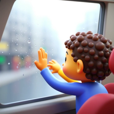 A child drawing on a foggy car window with their finger