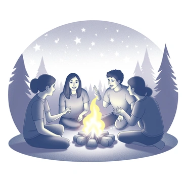 A group of five diverse teenagers sitting in a circle around a campfire. They are engaged in animated conversation, with one teenager leaning forward while another gestures with their hands. The campfire flickers with bright flames, illuminating their faces. In the background, a clear sky is filled with numerous stars twinkling brightly. The silhouettes of trees can be seen surrounding the campsite, creating a cozy atmosphere. Each teenager wears casual clothing that reflects their individual styles, contributing to the diversity of the group.