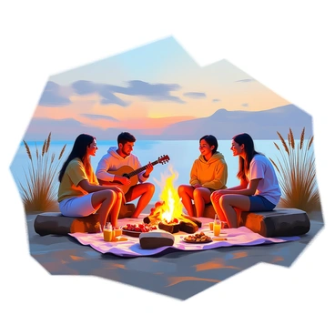 A group of friends is sitting on the sandy beach, gathered around a glowing campfire as dusk settles around them. The fire casts warm, flickering light on their faces, illuminating their joyful expressions. Some friends are sitting on logs, while others are perched on beach chairs. They are sharing stories and laughter, with one person playing a guitar, adding to the cozy ambiance. The sky is transitioning to twilight, with shades of deep blue and hints of orange and pink. In the background, gentle waves lap at the shore, and a few sea oats sway lightly in the evening breeze. A picnic blanket is spread nearby, adorned with snacks and drinks, contributing to the relaxed atmosphere.
