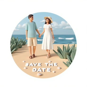 A man, wearing a light blue shirt, beige shorts, and brown sandals, is walking hand in hand with a woman, who is wearing a white sundress and a wide-brimmed hat. They are strolling along a coastal path, surrounded by lush greenery and the sound of waves crashing nearby. The sand is fine and golden, with various seashells carefully arranged to spell out the words "Save the Date." The couple is smiling at each other, enjoying their walk as they gaze at the ocean in the background.