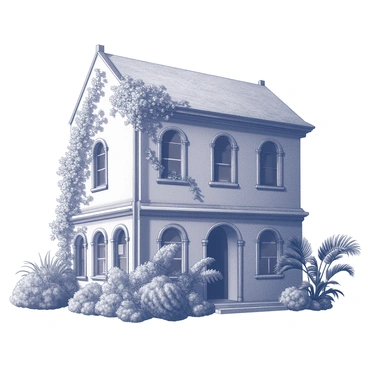 An old building facade with intricate architectural details, including arched windows and weathered stonework. Vines and foliage are climbing up the walls, with leaves extending outward, creating a sense of integration with nature. The roof is partially covered with a blanket of moss and small plants, indicating age and the passage of time. In the foreground, a variety of tropical plants, including tall ferns and broad-leaved shrubs, frame the scene, enhancing the feeling of a lush rainforest environment surrounding the building.