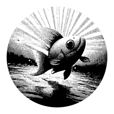 A Magikarp is leaping high above the water, its body arched as it breaks the surface. The fish has detailed scales that reflect light in a distinct pattern. The water splashes around it, creating droplets that catch the light. In the background, the sun is low on the horizon, with long rays extending outward, creating a silhouette effect. The scene captures the moment of the jump with a sense of action and energy.