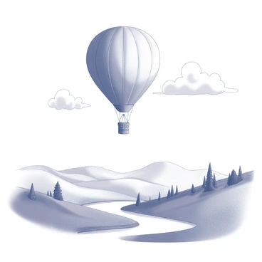 A hot air balloon in the shape of an egg is floating gracefully in the sky. The balloon features a smooth, oval surface and is tethered to a wicker basket below. Below, a vast scenic landscape unfolds. Rolling hills stretch out with patches of trees dotting the terrain. There are gentle slopes leading down to a serene river that reflects the sky above. The sky is clear, with a few clouds scattered throughout, creating a sense of tranquility in the atmosphere.