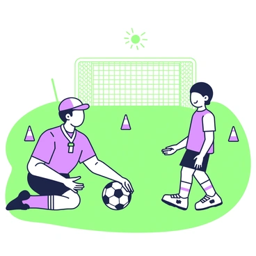 A coach is kneeling on the grass, handing over a soccer ball to a young player. The coach is wearing a whistle around their neck and a team cap, looking encouraging and supportive. The young player is standing eagerly, wearing a vibrant uniform and soccer cleats, with an excited expression on their face. In the background, a soccer goal is visible along with a few training cones spaced out on the field. The sun casts soft shadows, indicating a bright day with clear skies.