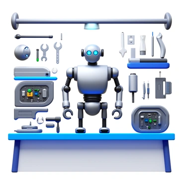 Various parts of a robot are arranged on a workbench. The assembly includes a shiny metallic torso, intricate electronic circuits, and articulated limbs. Tools such as wrenches and screwdrivers are scattered around to aid in the construction. A partially completed droid stands in the center, showcasing its sleek design and glowing eyes. The scene captures the process of assembly, with some components connected while others are still waiting to be attached. Bright overhead lights illuminate the work area, highlighting the details of each robotic part.