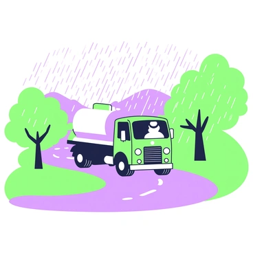 A fuel truck is driving along a winding country road. The truck is adorned with reflective markings and has a large tank in the back. Heavy rain is pouring down, creating puddles on the road surface. Raindrops are visibly splattering against the truck's windows. Surrounding the road are lush green trees, their leaves glistening with moisture. In the background, there is a faint outline of distant hills partially obscured by mist. The sky is overcast with thick clouds, emphasizing the rain-soaked atmosphere.