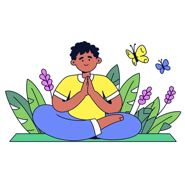 A person practicing yoga in a garden. The individual is sitting cross-legged on a soft green mat, with their hands resting on their knees in a meditative pose. Their eyes are gently closed, and they have a focused expression, indicating concentration on their breathing. The garden features various plants and flowers, with leafy green foliage surrounding the area. A few colorful butterflies can be seen fluttering nearby. The scene is calm and peaceful, highlighting the person's dedication to their practice.