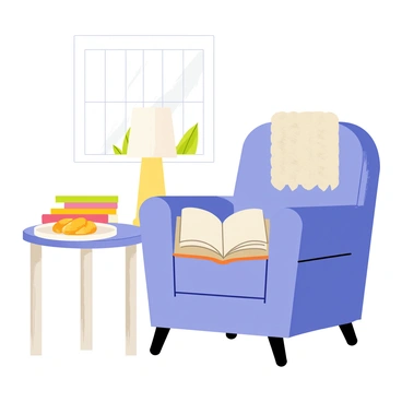 A cozy reading nook with a book and a plate of garlic bread
