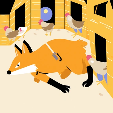 An anthropomorphic fox with orange fur and a sly expression is quietly navigating through a chicken coop. The fox wears a small black mask and carries a tiny bag slung over its shoulder. Surrounding the fox are several wooden henhouses with open doors and scattered straw on the ground. Chickens, with white and brown feathers, are walking around obliviously, while the moonlight casts soft shadows inside the coop. The fox is crouched low, peering around a corner, ready to make its move.