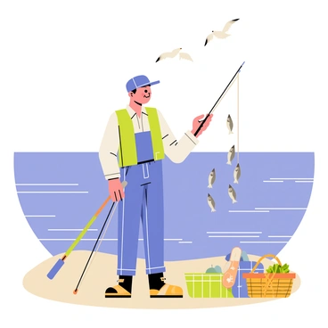 A fisherman wearing a blue hat and a green vest stands at the edge of a calm sea, gently releasing small silver fish back into the water with both hands. The fisherman has a fishing rod resting beside him on the shore. Around him, various fishing gear is neatly organized, including a woven basket filled with seaweed. The sea is depicted with gentle waves reflecting the light of the sun, and a few seagulls are flying in the blue sky above.