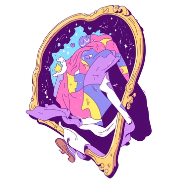 A person is stepping through a large, ornate mirror with a gilded frame. The mirror reflects a vibrant portal filled with swirling patterns and vivid colors. The figure is dressed in a flowing outfit that billows around them, blending into the colors of the portal. The left foot is on the mirror's edge, while the right foot is already entering the dazzling alternate dimension. Cosmic shapes and whimsical designs are visible in the portal, inviting the person deeper into this new reality.