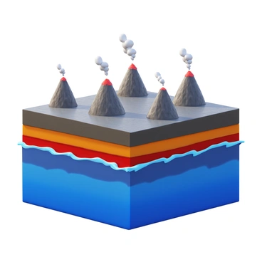 A side view of the oceanic crust revealing its layered structure. The oceanic crust is depicted with a textured surface, showing the different layers of rocks and minerals. Above the crust, several volcanic islands are shown emerging, each characterized by conical shapes and rugged terrains. The islands have visible volcanic activity, with smoke and ash clouds rising from their summits. The ocean surrounding the crust is depicted in deep blue, with waves gently lapping against the islands.