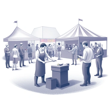 A small town fair is taking place, with a variety of booths and attractions set up around a grassy area. In the center, there is an ironworking demonstration happening, featuring a blacksmith at a forge. The blacksmith is wearing an apron, focused on shaping a piece of metal, with sparks flying from the hot iron. A diverse crowd gathers around, with adults and children observing the demonstration. Some spectators are pointing at the work being done, while others are engaged in conversation. In the background, colorful tents and decorations are visible, adding to the festive atmosphere of the fair.
