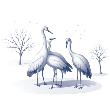 A snowy landscape featuring several cranes huddled closely together. The cranes are standing on a white blanket of snow, their bodies fluffed up against the cold. Snowflakes are gently falling from the sky, visibly accumulating on the ground and on the cranes' feathers. In the background, a few bare trees are silhouetted against the snowfall, with branches dusted in white. The overall atmosphere captures a wintry scene, emphasizing the cranes' need for warmth in the chilly environment.