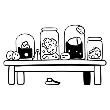 A variety of moon rocks and soil samples arranged on a wooden table. Each sample is inside a transparent container, showing distinct textures and shapes. A small sign next to each container labels the samples with their names. The scene includes a few scientific tools, like a magnifying glass and a small scale, placed beside the samples. The table is set against a simple backdrop to maintain focus on the displayed samples.