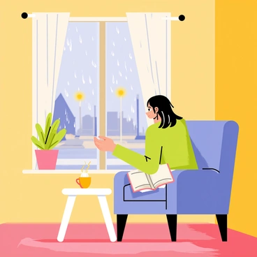 A cozy room with warm yellow walls and a soft, patterned rug on the wooden floor. A person with medium-length brown hair is sitting in a comfortable armchair, looking out a rain-speckled window. The window has droplets of water running down, blurring the view outside. The wet street is visible, reflecting the glow of streetlights and the muted colors of the surroundings. A small table next to the armchair holds a steaming cup of tea and an open book, adding to the inviting atmosphere of the room.