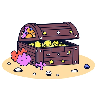 An ancient treasure chest made of dark, weathered wood with intricate carvings on its surface. The chest is encrusted with colorful coral in various shades of red, orange, and purple. Small marine life, such as fish and starfish, are nestled among the coral. The chest is partially open, revealing glimmers of gold coins and sparkling jewels inside. Surrounding the chest is a sandy ocean floor with small pebbles and shells scattered about.