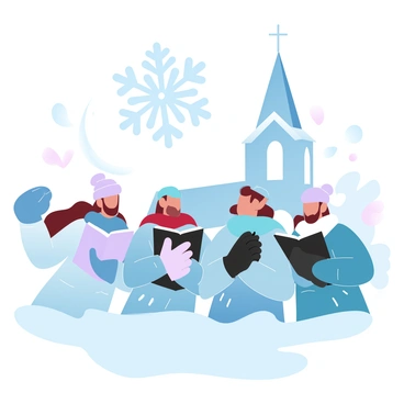 A group of four carolers wearing winter attire is standing outside a church. Two of them are holding songbooks and singing harmoniously, while the others are slightly swaying to the rhythm. The carolers are clad in colorful scarves, warm hats, and thick coats, showcasing a variety of patterns. Snow is gently falling around them, creating a soft blanket on the ground. The church in the background features a tall steeple and is adorned with festive decorations. Above the scene, a large snowflake pattern is visible in the sky.