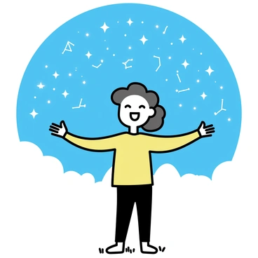 A person standing with arms open wide, displaying a welcoming posture. The figure is silhouetted against a starry sky filled with countless stars and constellations. The person's expression reflects joy and tranquility, conveying a sense of connection to the universe. The sky is deep blue and dotted with shimmering stars, creating a serene atmosphere. The ground is flat with a hint of grass, emphasizing the person's stance beneath the vast expanse above.