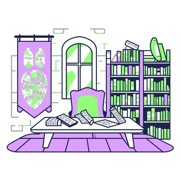 A castle's library room is filled with towering shelves of ancient books. In one corner, there are several medieval tapestries hanging on the stone walls, depicting scenes of battles and royal events. A large wooden table sits at the center, covered with various ancient scrolls, carefully unrolled to reveal intricate writing. A plush chair is positioned nearby, inviting a visitor to sit and read. The floor is made of large stone tiles, and a single window allows soft light to filter in, illuminating the dust particles in the air.
