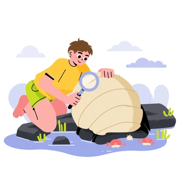 A child with short brown hair, wearing a bright yellow t-shirt and green shorts, is kneeling on a rocky shore. The child is holding a shiny silver magnifying glass, closely examining a large, spiraled conch shell. The conch shell is resting on the wet, dark rocks, glistening in the sunlight. Small waves are gently lapping against the shore, with a few seashells scattered around. In the background, there are patches of green seaweed and small crabs scuttling among the rocks. The sky is a clear blue, and a few fluffy white clouds are visible.