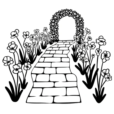 A winding garden pathway made of cobblestones curves through the scene. On both sides of the pathway, numerous blooming anemone flowers are planted, their detailed petals and stems reaching toward the pathway. The pathway gently leads to an archway covered with climbing vines in the distance. The garden is a tranquil space, with the arrangement of flowers creating a harmonious frame around the winding stones.
