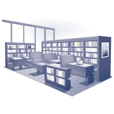 A modern library interior featuring rows of digital bookshelves filled with glowing screens displaying book covers. The space includes several interactive reading pods, each designed for individual use, with comfortable seating and integrated touchscreens. The layout is open and inviting, with high ceilings and large windows allowing natural light to flood in. Each pod is equipped with adjustable lighting and soundproofing for a focused reading experience.