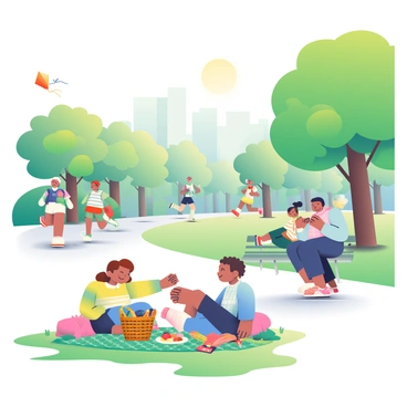 A vibrant scene in Central Park showcases various people enjoying a sunny afternoon. In the foreground, a family is having a picnic on a green blanket, surrounded by a wicker basket and a colorful spread of fruits and sandwiches. Nearby, a couple is sitting on a park bench, sharing a warm smile as they hold hands. In the background, several joggers are running along a winding path flanked by tall trees with lush green leaves. A child is flying a bright red kite, the tail fluttering in the gentle breeze. The sun is shining, casting playful shadows on the grass.