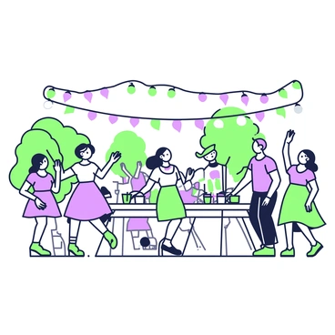 A lively festival scene is depicted with many people dancing joyfully. The dancers are wearing colorful clothing, each person expressing happiness through their movements. Above them, string lights are strung between trees, illuminating the scene. In the background, colorful banners flutter in the breeze, adding to the festive atmosphere. Several tables are set up with food and drinks, with people gathering around, sharing laughter and conversations. The ground is decorated with colorful patterns, further enhancing the celebratory vibe.