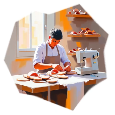 An artisan with tanned skin and dark hair, wearing an apron, is focused on crafting traditional Capri sandals in a small workshop. The workshop is filled with tools and materials, including leather pieces, a cutting board, and a sewing machine. The artisan is sitting at a wooden workbench, carefully cutting leather straps for the sandals. Sunlight filters through a nearby window, illuminating the workspace and creating a warm atmosphere. Various completed sandals in different styles are arranged on shelves in the background.