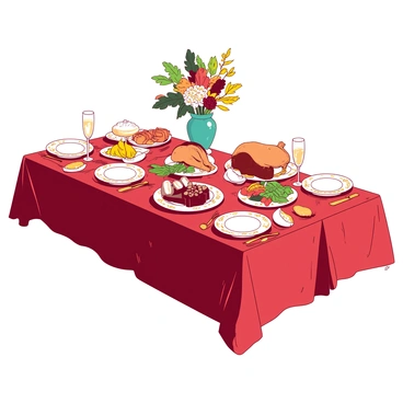 A long dining table is elegantly set with ornate white china featuring intricate gold patterns. Crystal wine glasses are positioned beside each plate, catching the light beautifully. The table is adorned with a vibrant red tablecloth, draping gracefully over the edges. An assortment of mouthwatering dishes is arranged in the center, including a roasted turkey, colorful vegetable platters, and a rich chocolate cake. Fresh flowers in a teal vase add a touch of elegance to the décor, and soft, ambient lighting creates a warm and inviting atmosphere.