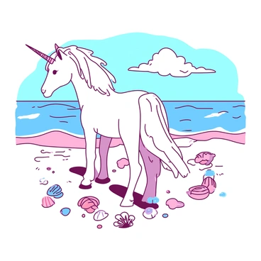 A white unicorn with a sparkling mane is standing on a sandy beach, enjoying a sunny day. The unicorn is facing the ocean, its hooves gently sinking into the soft sand. Scattered around the unicorn are various colorful seashells, glistening in the sunlight. The waves are lapping gently at the shore, creating a serene atmosphere. The sky is clear with a few fluffy white clouds floating above.