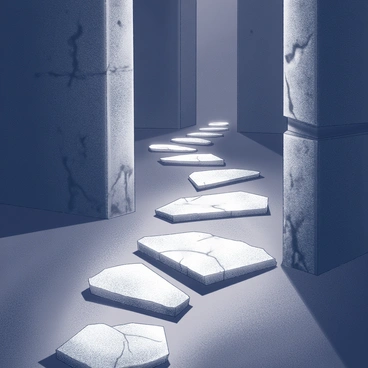 A dimly lit chamber features a winding path made of irregularly shaped stones. Each stone emits a faint glow, illuminating the ground with a soft, ethereal light. The stones are unevenly spaced, creating a natural flow along the path. Surrounding the pathway, the walls of the chamber are rugged and textured, suggesting an ancient setting. Shadows play across the surface, adding depth to the scene. The glowing stones create a sense of mystery, inviting exploration deeper into the chamber.